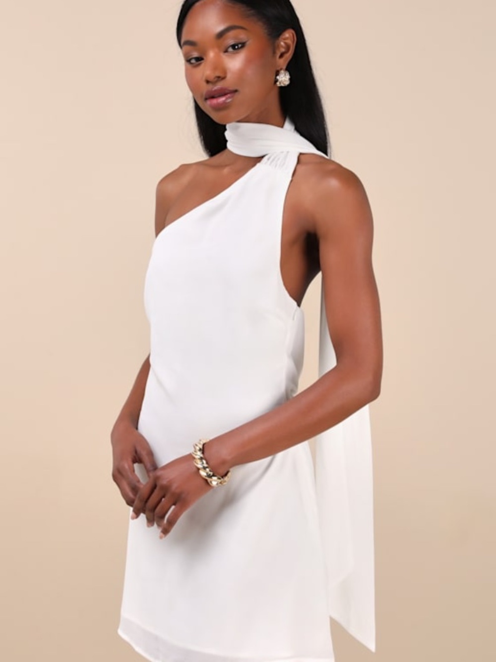Lulus Isloda Ivory One-shoulder Backless Sash Mini Dress White - Size XS